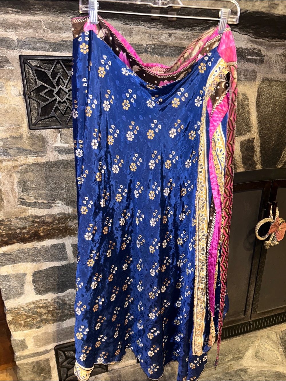 Blue Floral Boho Maxi Skirt with Pink Trim